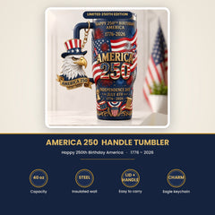 America 250th Anniversary Tumbler with Eagle Keychain - 40oz Patriotic 1776-2026 Insulated Travel Mug for July 4th