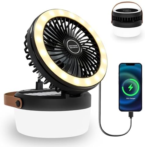 Black XDTIME solar camping fan with LED light hanging in a tent, rechargeable portable fan and power bank for outdoor camping and RV use
