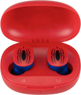 Red and blue superhero wireless Bluetooth earbuds with mic and charging case for kids and adults