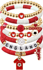 2026 England Soccer Bracelet Set – 8 Piece Stackable Beaded Bracelets with Football Charms, English Flag Colors & Fan Accents | World Cup England Fan Gift