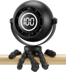 Black bladeless baby stroller fan with clip-on silicone grip and LED display for safe baby cooling