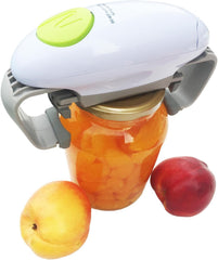 White electric automatic jar opener opening a glass jar lid hands-free for seniors