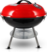 Red Gas One portable charcoal grill with warming rack and locking lid for camping, backyard and outdoor BBQ