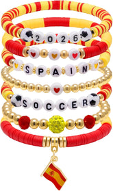 2026 Spain Soccer Bracelet Set – 8 Piece Stackable Beaded Bracelets with Football Charms, Spanish Flag Colors & Fan Accents | World Cup Spain Fan Gift