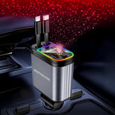 4-in-1 retractable car charger with USB-C and USB-A cables, 4 ports and red starry sky ambient light