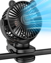 3-in-1 portable clip fan attached to desk showing 360 degree rotation for personal cooling at home or camping