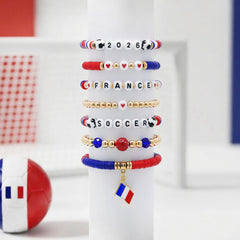 2026 France Soccer Bracelet Set – 8 Piece Stackable Beaded Bracelets with Football Charms, French Flag Colors & Fan Accents | World Cup France Fan Gift