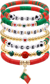 2026 Portugal Soccer Bracelet Set – 8 Piece Stackable Beaded Bracelets with Football Charms, Portuguese Flag Colors & Fan Accents | World Cup Portugal Fan Gift