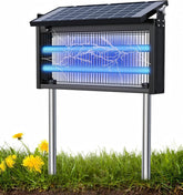 Solar rechargeable mosquito zapper glowing purple UV light on outdoor patio at night for insect control