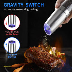 Electric Salt & Pepper Grinder Set – Gravity Sensor Auto Mill with Blue LED Light | Adjustable Coarseness & Large Capacity