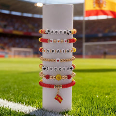 2026 Spain Soccer Bracelet Set – 8 Piece Stackable Beaded Bracelets with Football Charms, Spanish Flag Colors & Fan Accents | World Cup Spain Fan Gift