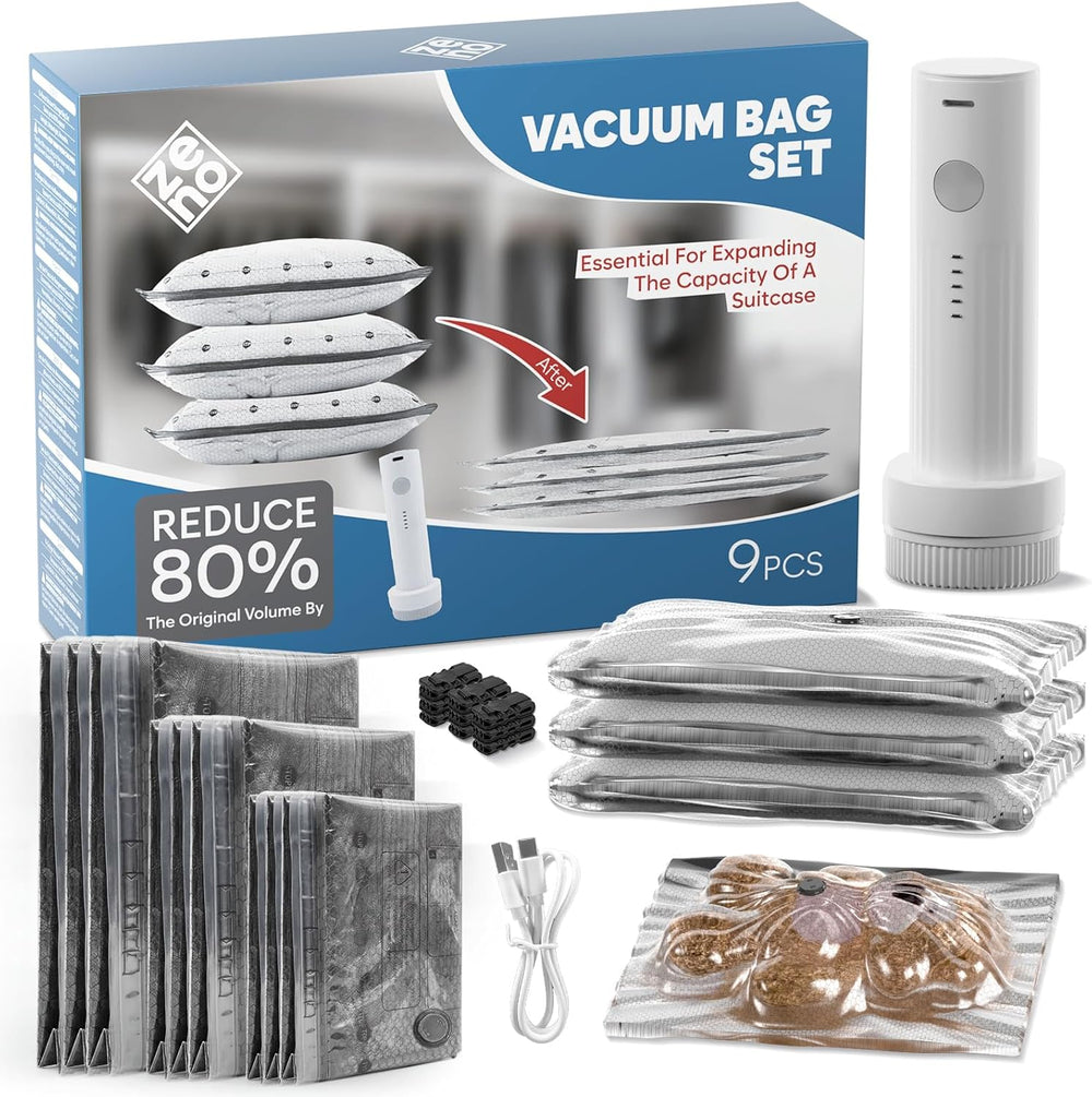9-pack vacuum storage bags with cordless electric pump compressing winter duvets and clothes to save 80% closet space