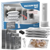 9-pack vacuum storage bags with cordless electric pump compressing winter duvets and clothes to save 80% closet space