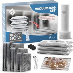 9-pack vacuum storage bags with cordless electric pump compressing winter duvets and clothes to save 80% closet space