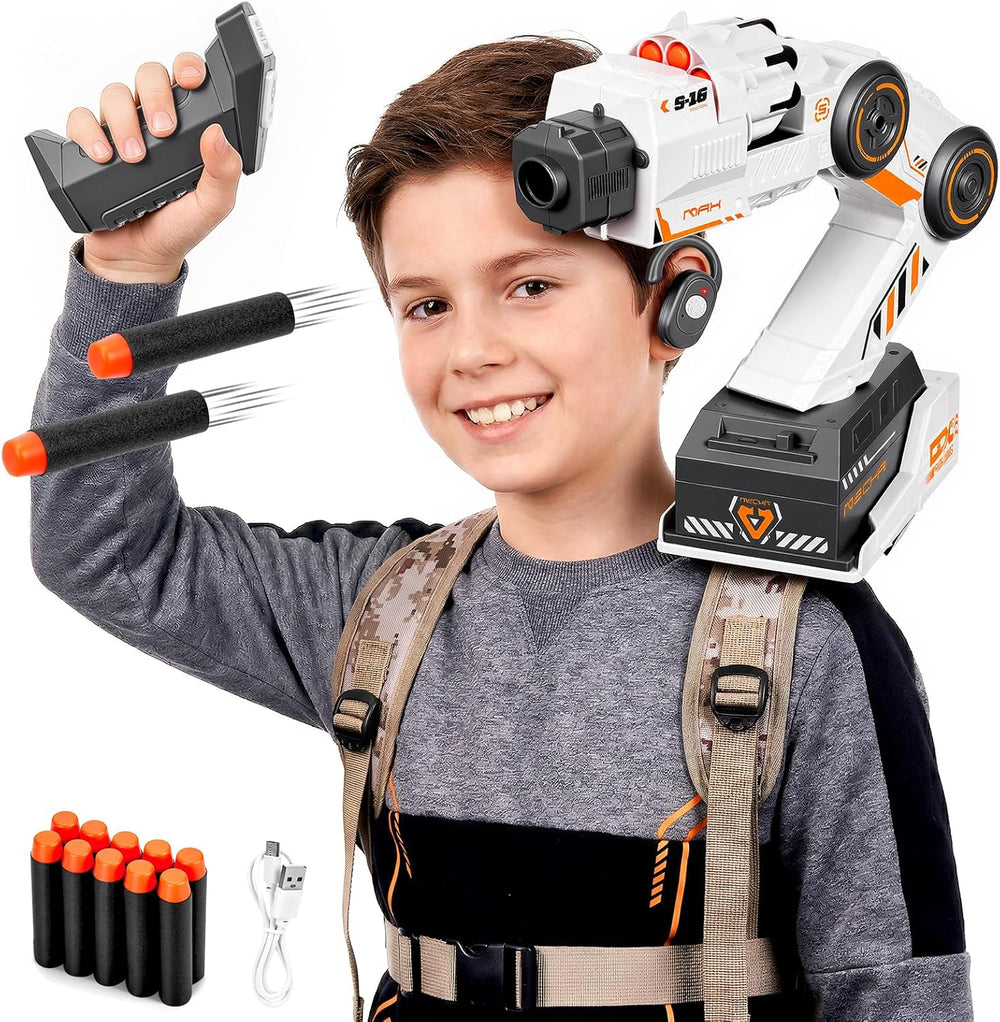 Motion tracking robot arm blaster with soft foam darts, Look-to-Aim wearable STEM toy for kids 8+