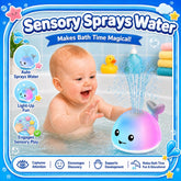 Cartoon whale bath toy spraying water with colorful LED lights in baby bathtub
