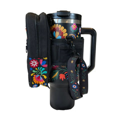 Bordado 40oz Tumbler with Handle - Mexican Embroidered Floral Insulated Travel Mug, Stainless Steel Cup