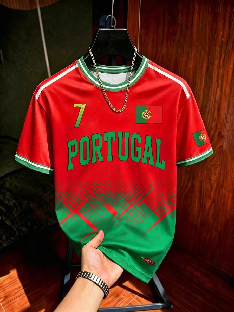 Red and green Portugal style number 7 soccer jersey with flag detail, unisex short sleeve football tee