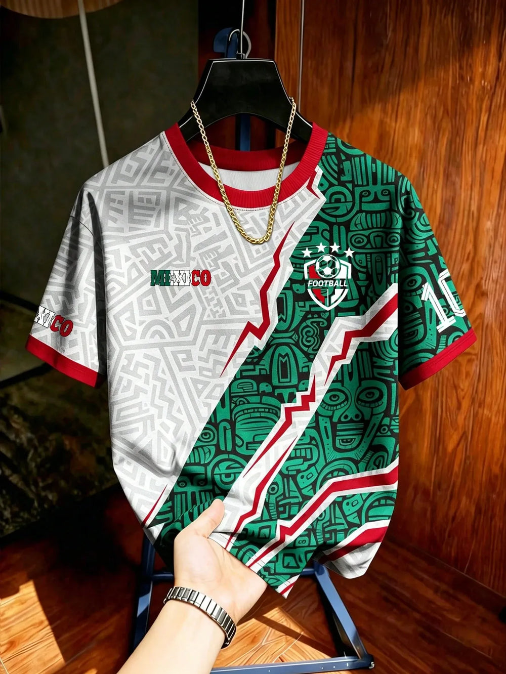 Green and white Mexico style soccer jersey featuring retro Mayan totem print, unisex short sleeve football tee