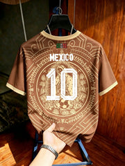 Mexico Style Soccer Jersey in Brown – Mayan Print Graphic Tee, Short Sleeve Football Shirt for Men & Women