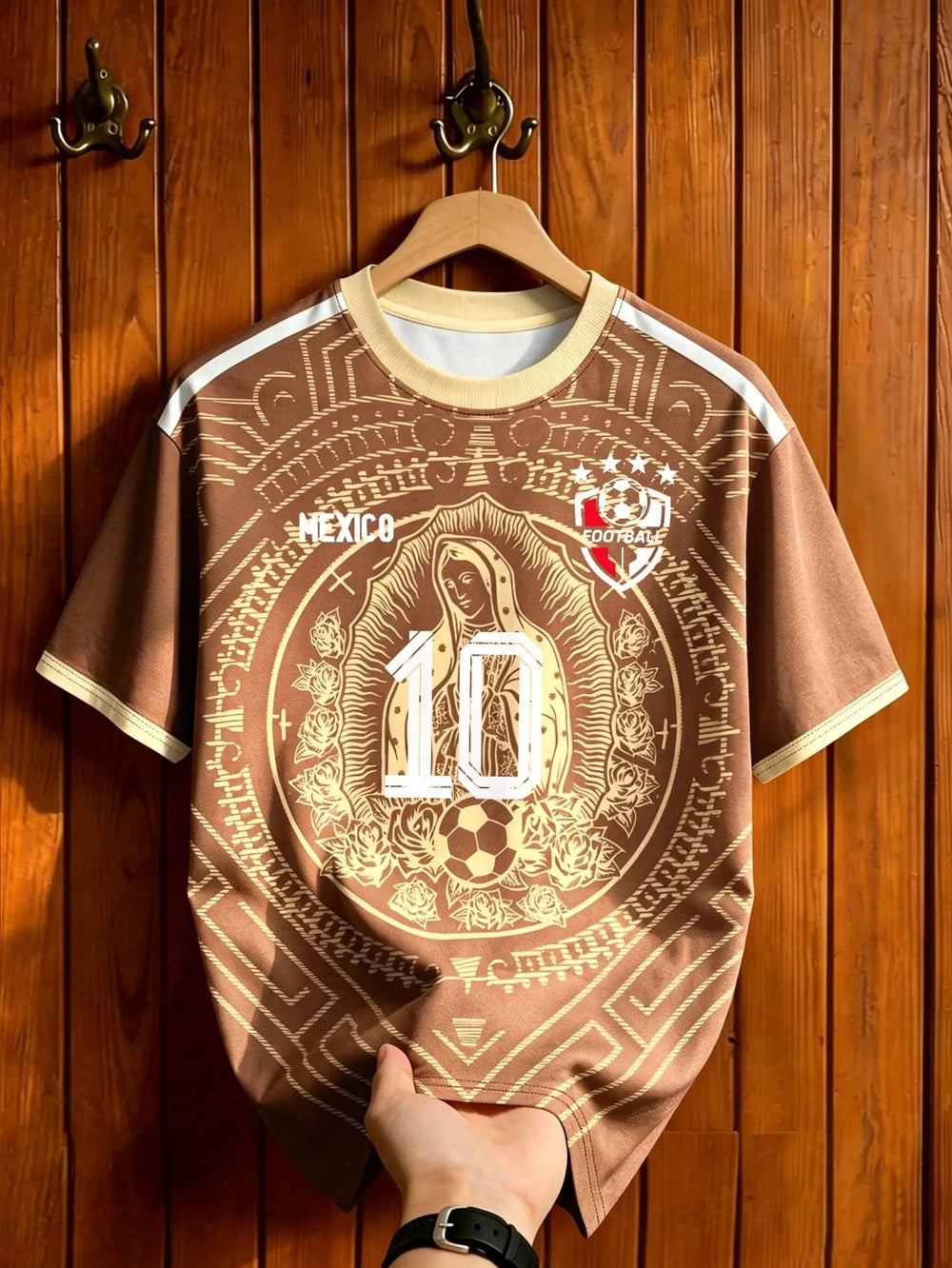 Brown Mexico style soccer jersey with retro Mayan totem print, unisex short sleeve tee