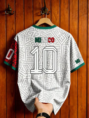 Mexico Style Soccer Jersey – Green & White Mayan Print Graphic Tee, Short Sleeve Football Shirt for Men & Women