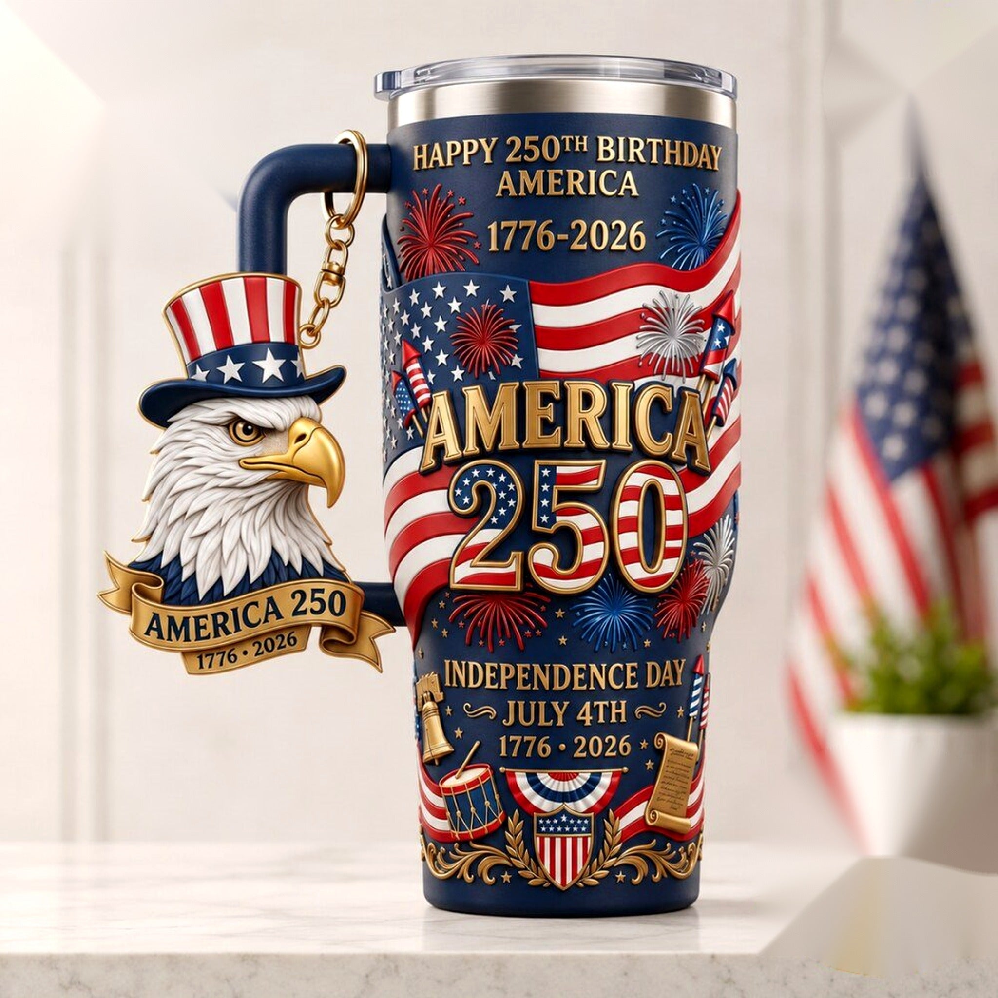 America 250th anniversary patriotic tumbler with eagle keychain, red white and blue 1776-2026 insulated travel mug for July 4th Independence Day
