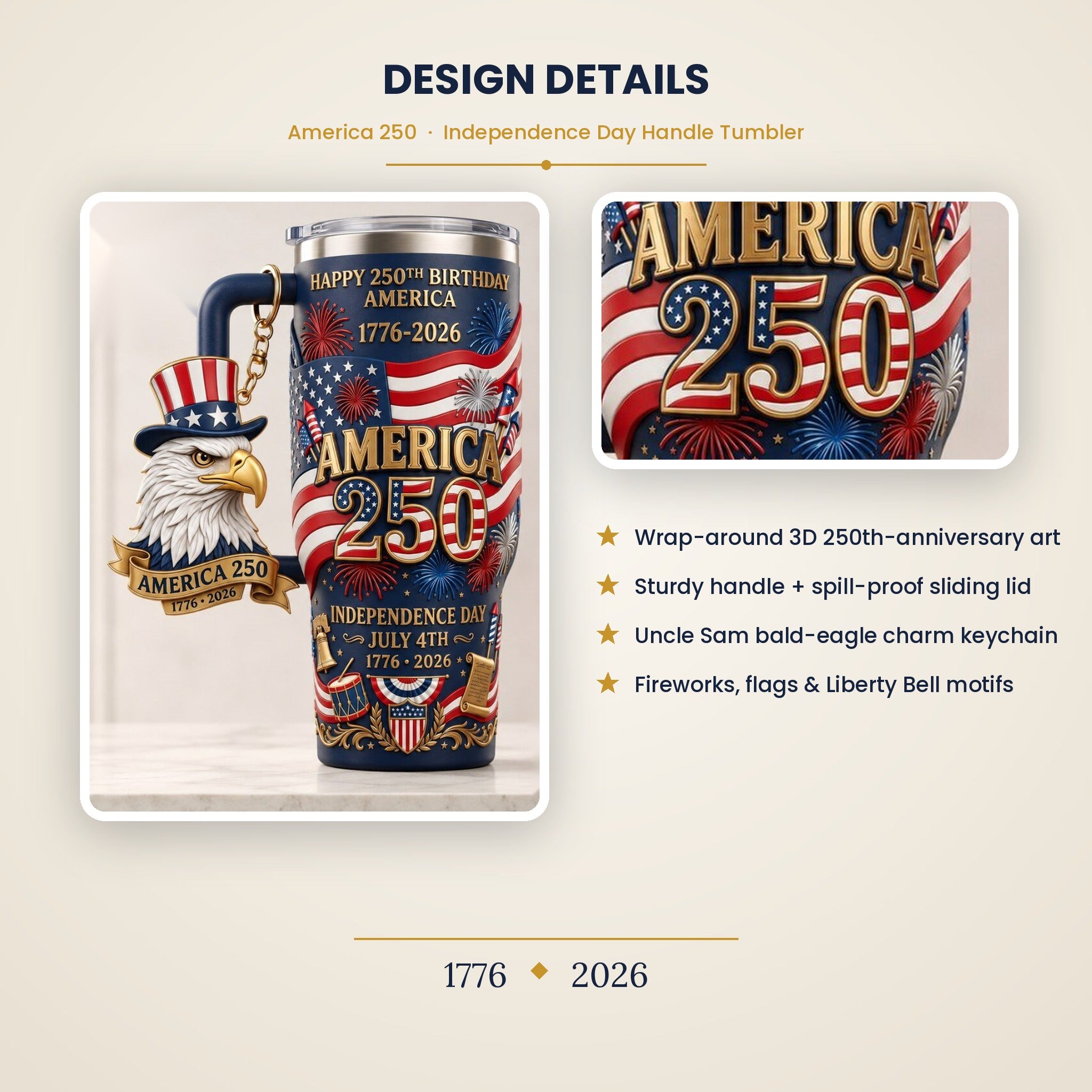 America 250th Anniversary Tumbler with Eagle Keychain - 40oz Patriotic 1776-2026 Insulated Travel Mug for July 4th