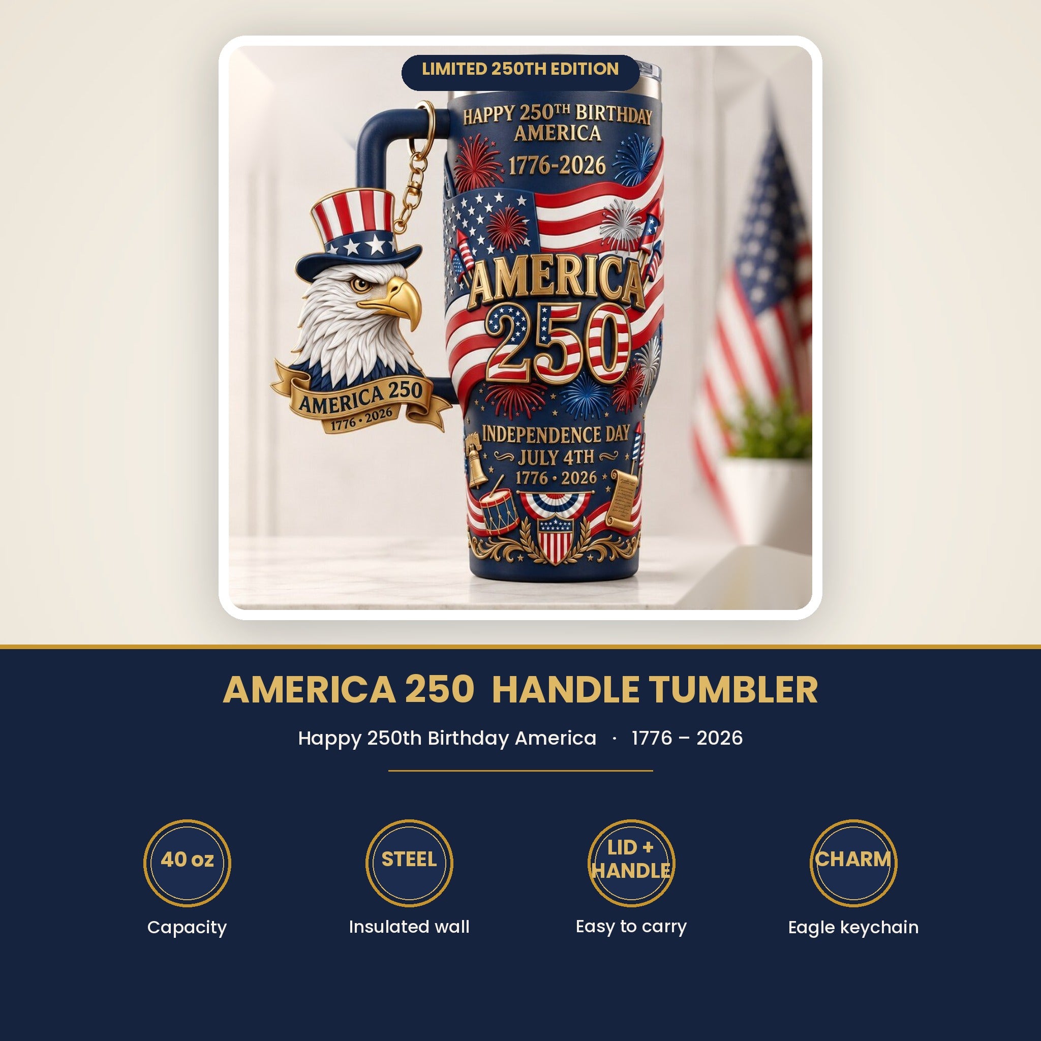 America 250th Anniversary Tumbler with Eagle Keychain - 40oz Patriotic 1776-2026 Insulated Travel Mug for July 4th
