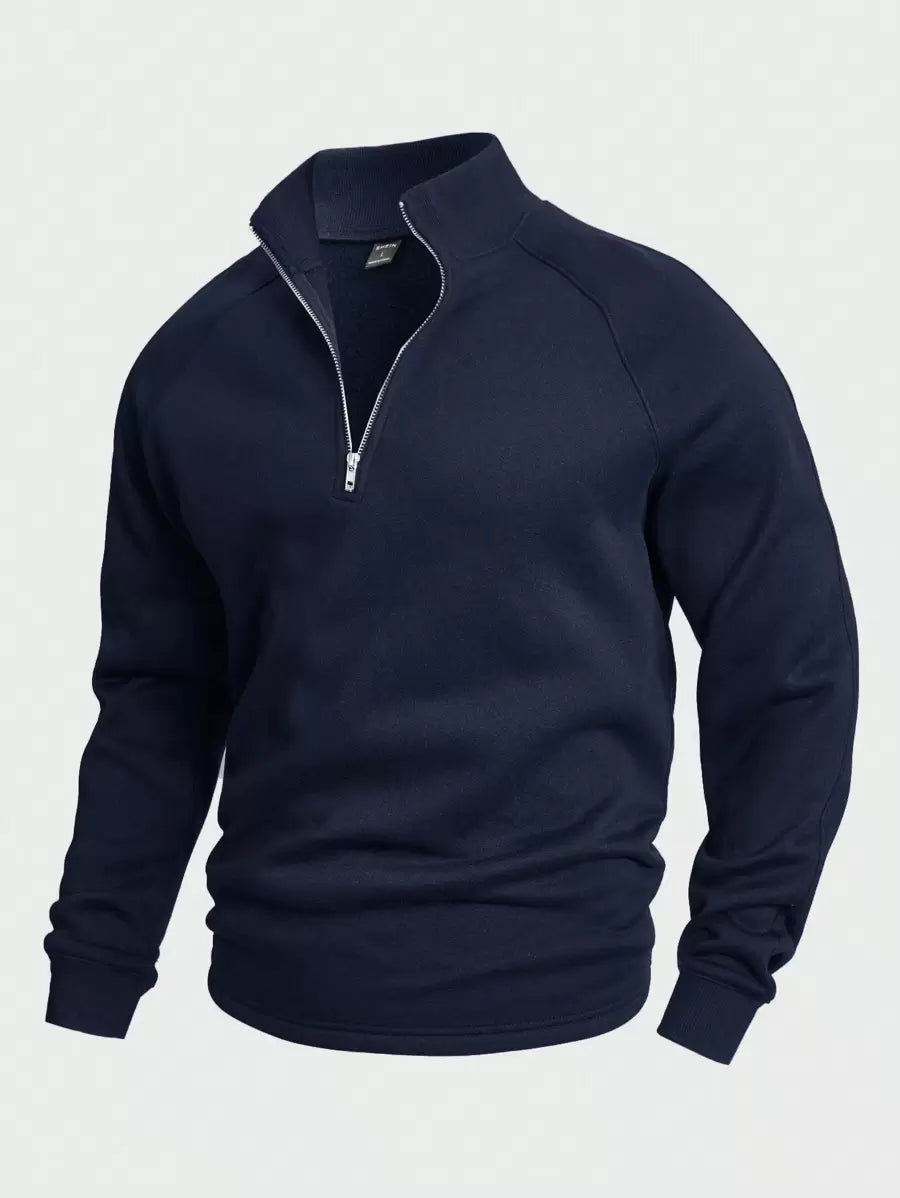 Men's navy blue half-zip sweatshirt with ribbed cuffs and metal zipper