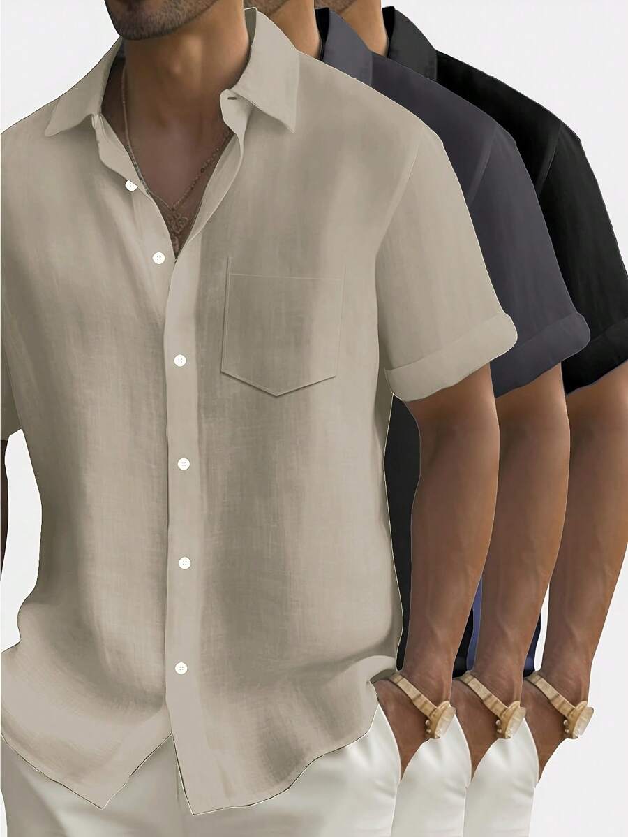 Men's Short Sleeve Casual Shirt Set (3-Pack) – Solid Color Collared Summer Shirts with Pocket
