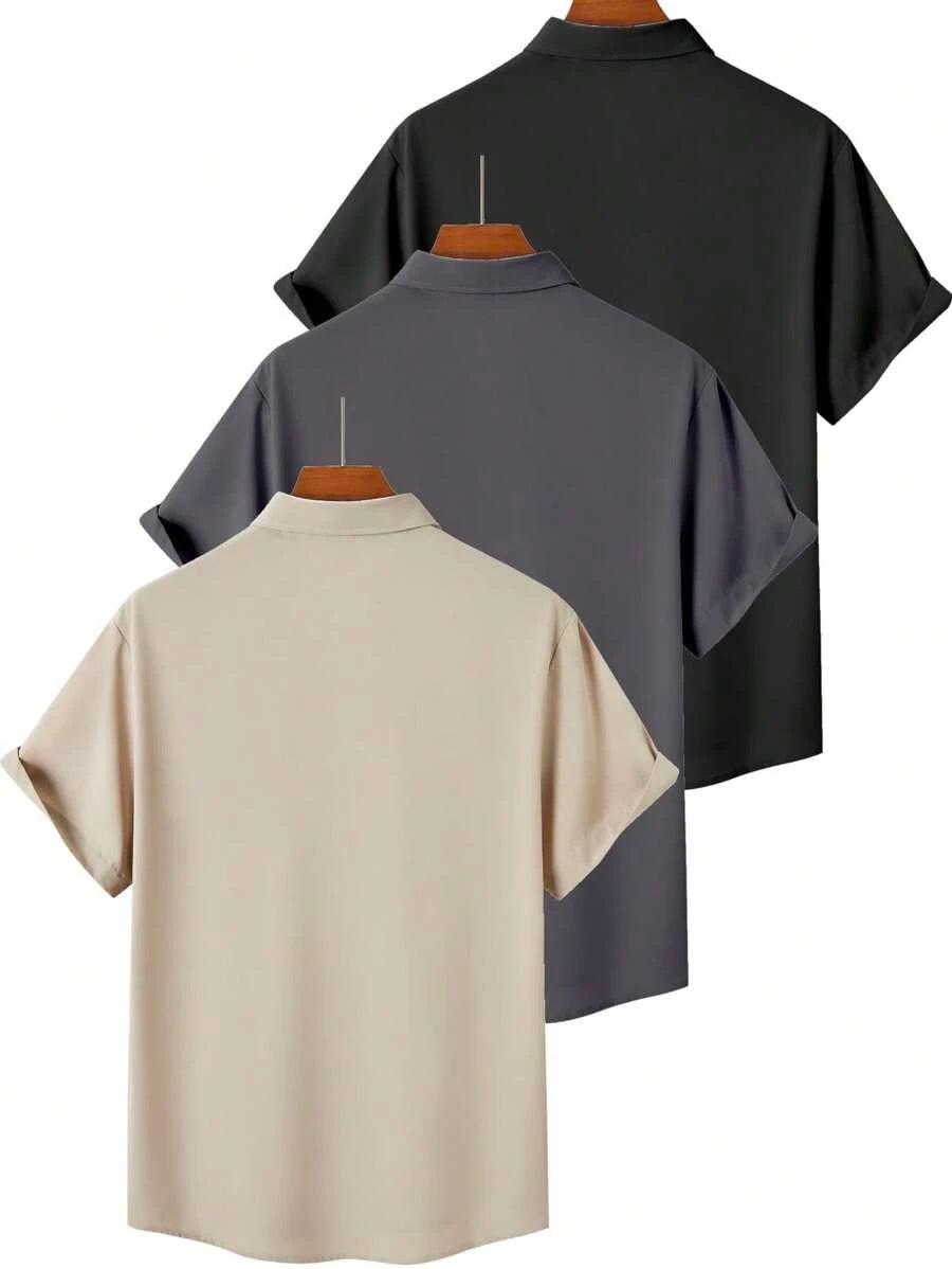 Men's Short Sleeve Casual Shirt Set (3-Pack) – Solid Color Collared Summer Shirts with Pocket
