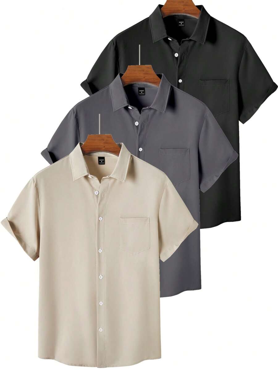 Men's 3-pack short sleeve casual shirts in solid colors with collar and chest pocket for summer
