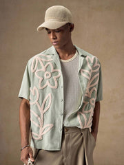 Men's Sage Green Floral Shirt – Short Sleeve Embroidered Button-Up Casual Summer Shirt
