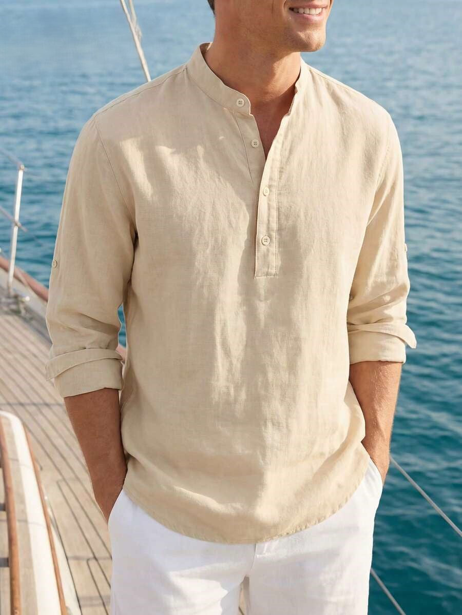 Men's black cotton Henley shirt with mandarin collar and roll-up long sleeves for casual wear