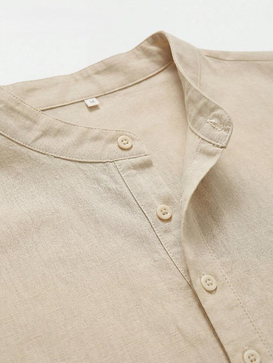 Men's Cotton Henley Shirt – Mandarin Collar Long Sleeve Casual Shirt in Black, 100% Cotton Breathable Top