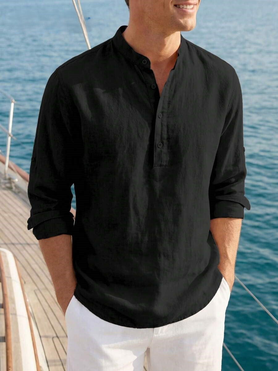 Men's Cotton Henley Shirt – Mandarin Collar Long Sleeve Casual Shirt in Black, 100% Cotton Breathable Top