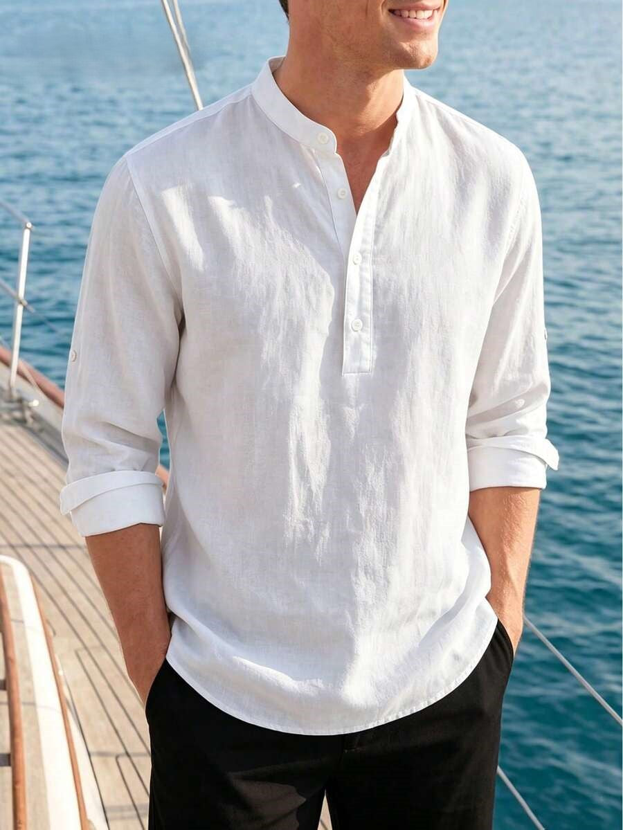 Men's Cotton Henley Shirt – Mandarin Collar Long Sleeve Casual Shirt in Black, 100% Cotton Breathable Top