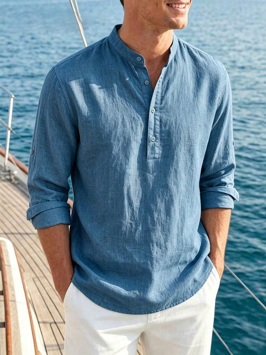 Men's Cotton Henley Shirt – Mandarin Collar Long Sleeve Casual Shirt in Black, 100% Cotton Breathable Top