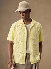 Men's sage green floral embroidered short sleeve button-up shirt for summer and vacation