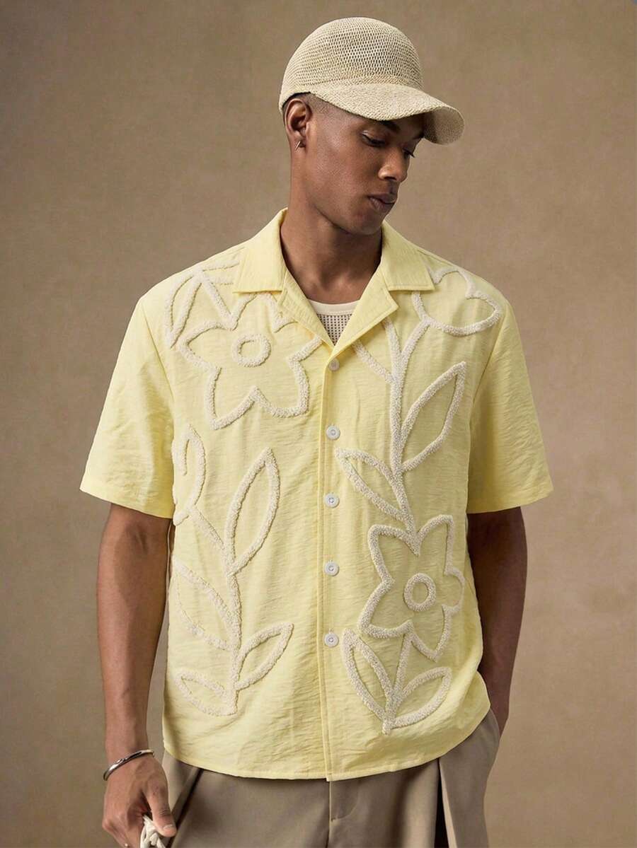 Men's Sage Green Floral Shirt – Short Sleeve Embroidered Button-Up Casual Summer Shirt
