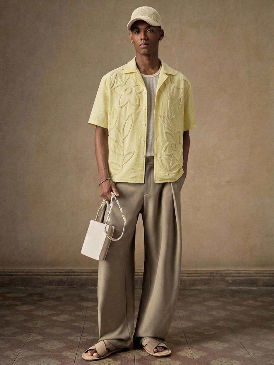 Men's Sage Green Floral Shirt – Short Sleeve Embroidered Button-Up Casual Summer Shirt