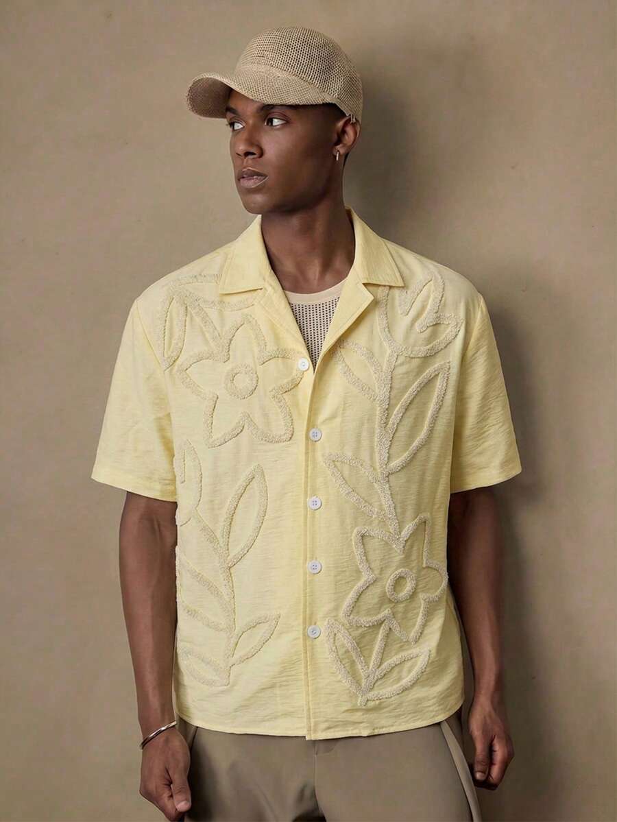 Men's Sage Green Floral Shirt – Short Sleeve Embroidered Button-Up Casual Summer Shirt