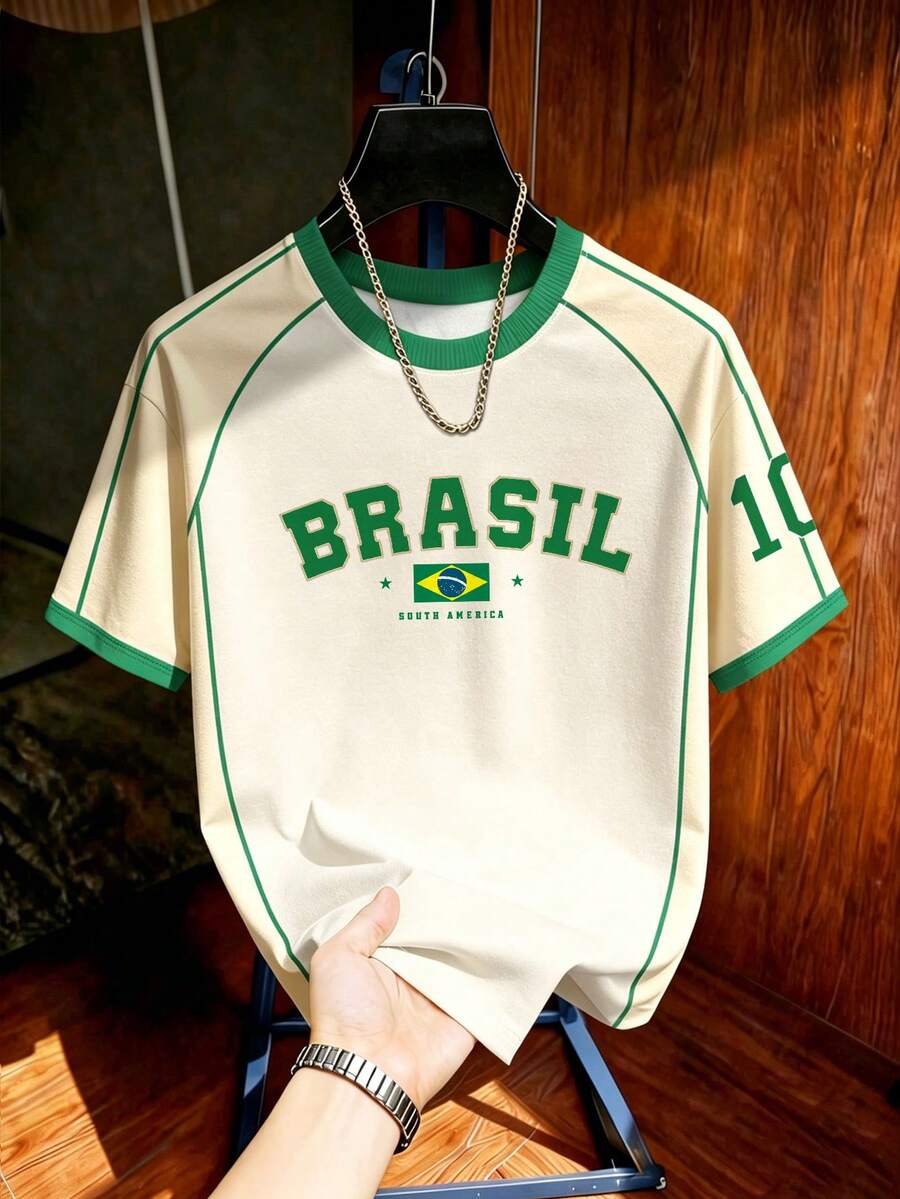 Beige white Brazil style soccer jersey graphic t-shirt with number 10 print, unisex short sleeve