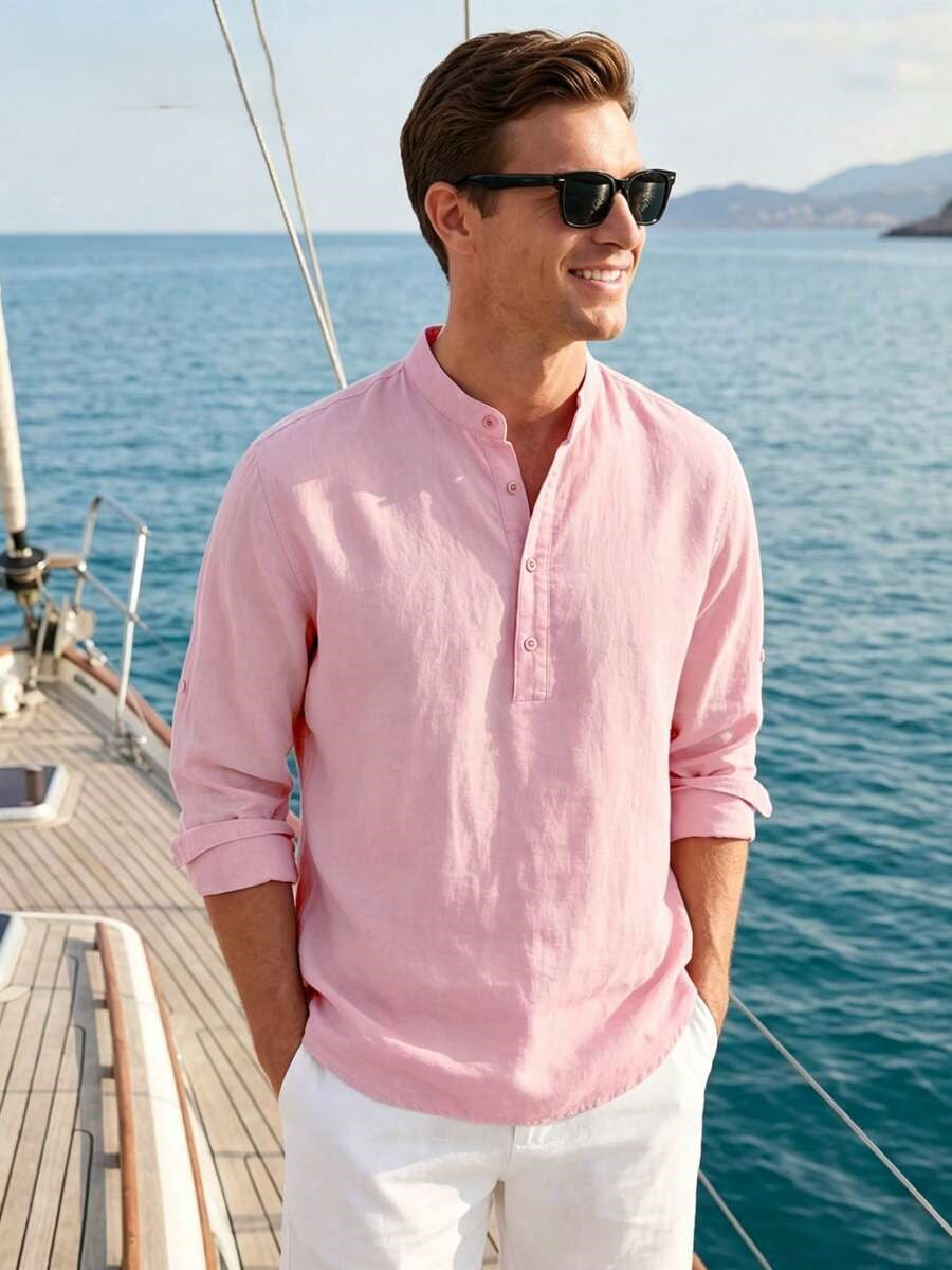 Men's Cotton Henley Shirt – Mandarin Collar Long Sleeve Casual Shirt in Black, 100% Cotton Breathable Top
