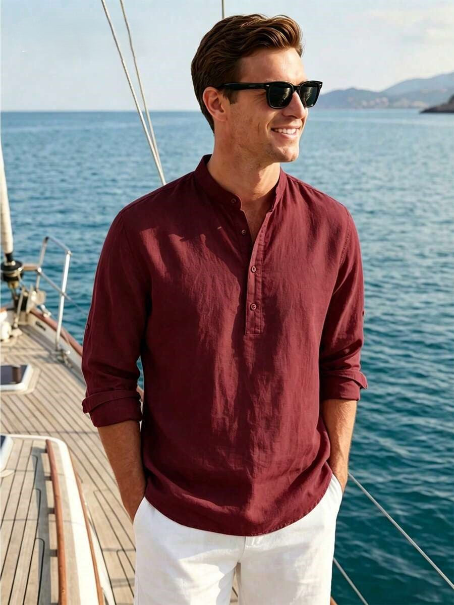 Men's Cotton Henley Shirt – Mandarin Collar Long Sleeve Casual Shirt in Black, 100% Cotton Breathable Top