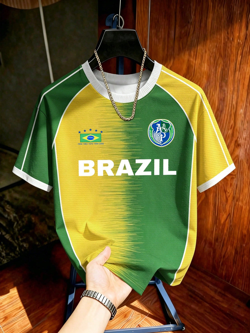 Brazil style yellow and green soccer jersey graphic t-shirt with number 10 print, unisex short sleeve