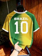 Brazil Style Soccer Jersey – Yellow & Green #10 Graphic T-Shirt, Short Sleeve Football Tee for Men & Women