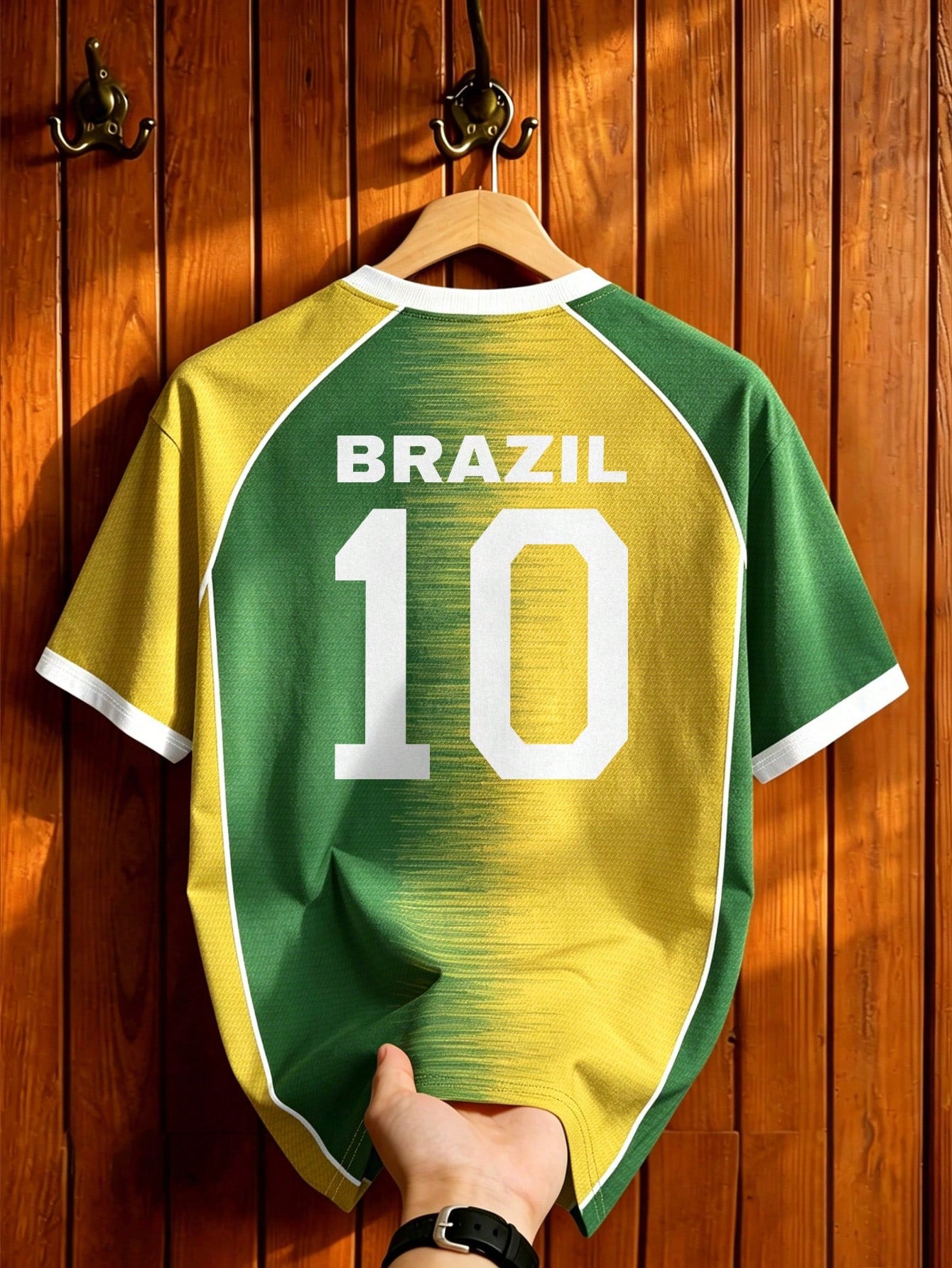 Brazil Style Soccer Jersey – Yellow & Green #10 Graphic T-Shirt, Short Sleeve Football Tee for Men & Women