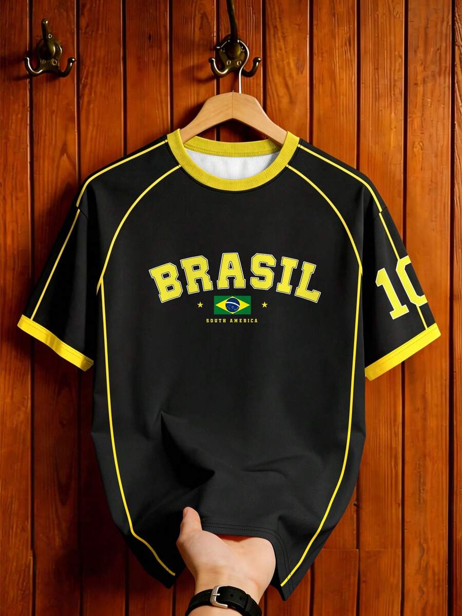 Brazil Style Soccer Jersey in Black – #10 Graphic T-Shirt, Short Sleeve Football Tee for Men & Women